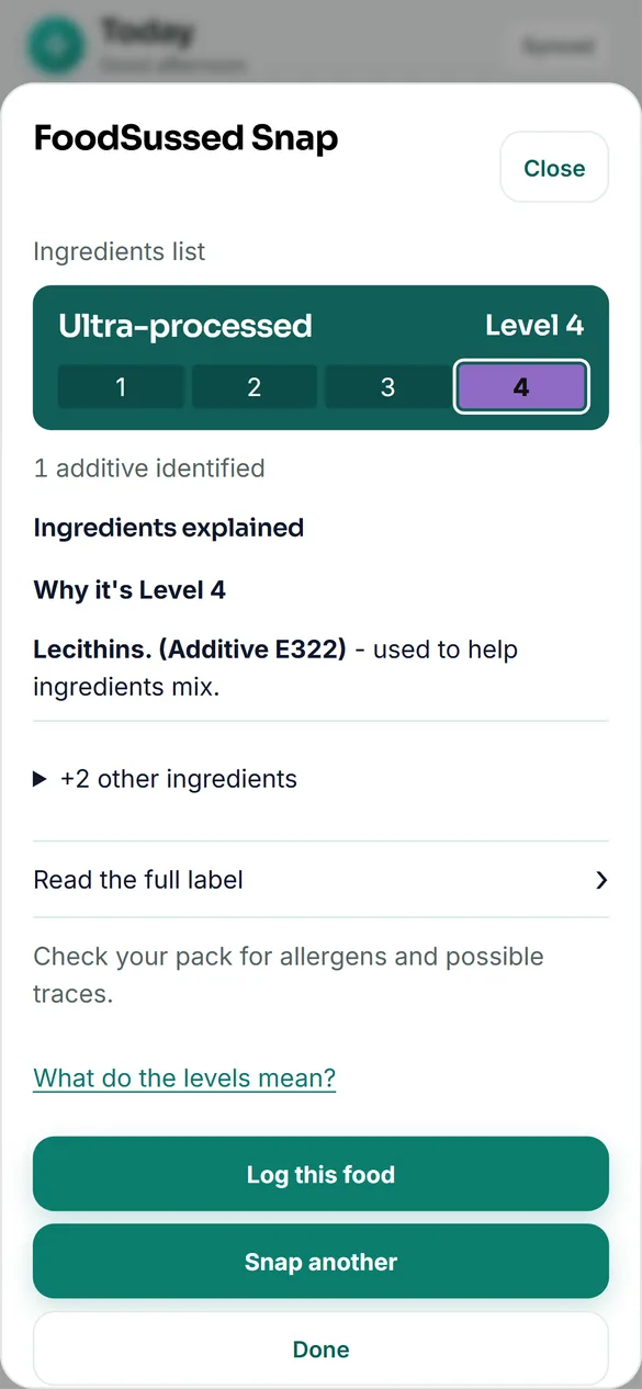 FoodSussed Snap result: an ingredients list at Level 4, with the additive that set the level explained