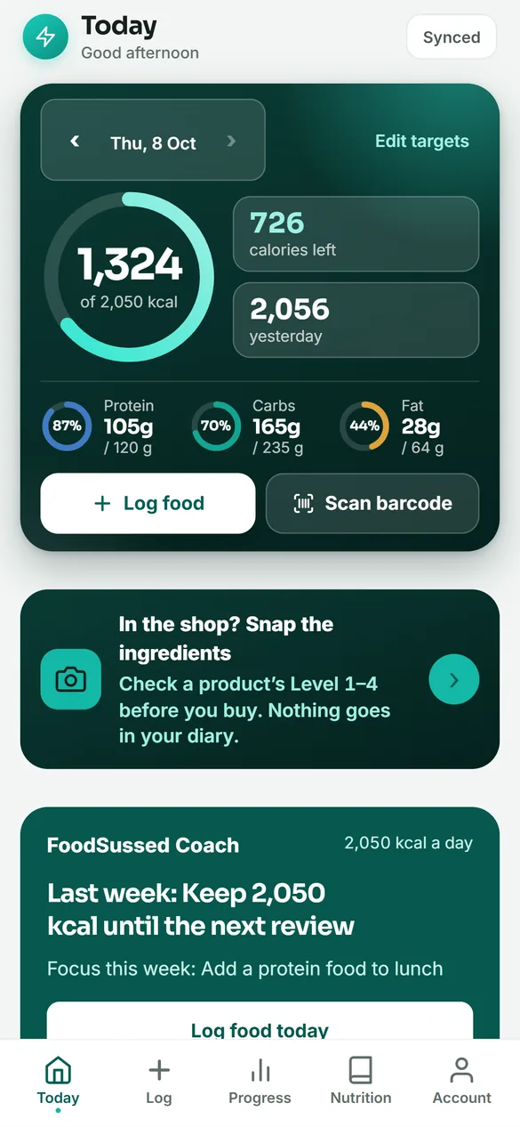 Today screen: calories left against the daily target, with protein, carbs and fat