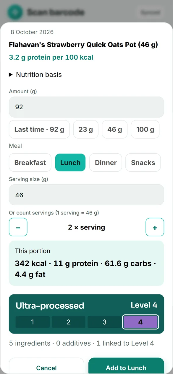Logging a food found by barcode, with its portion, macros and processing level