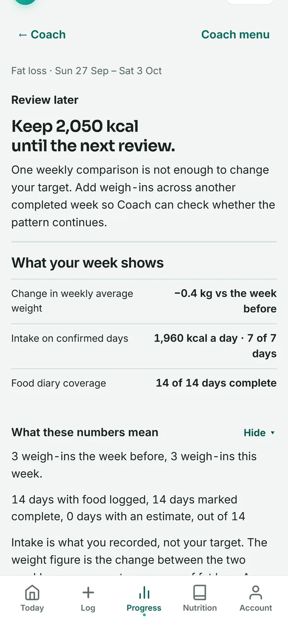 FoodSussed Coach weekly review with the calorie target decision