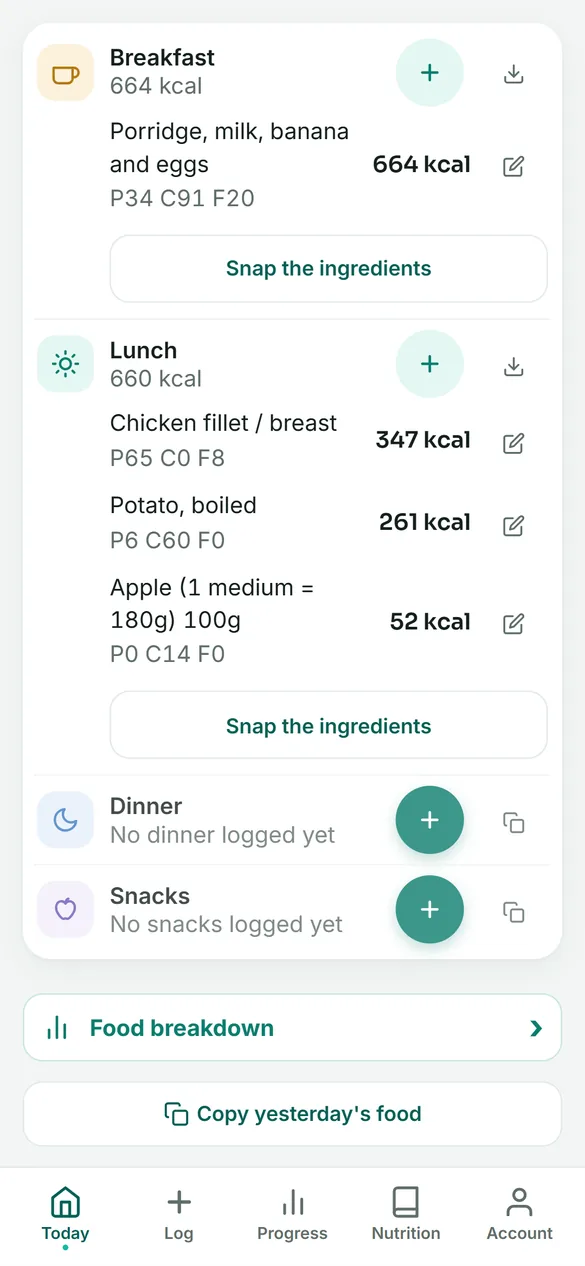 Food diary for the day, meal by meal, with calories for each food